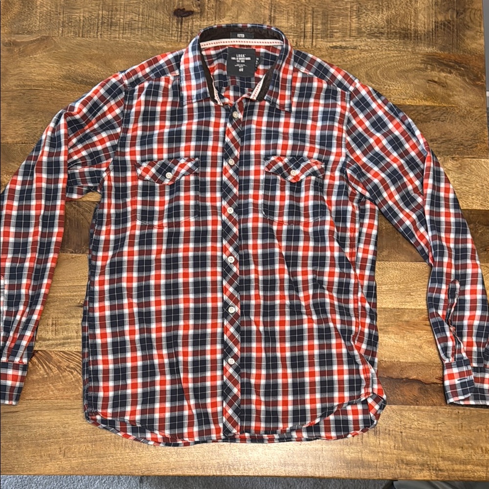 H&M L.O.G.G. Red and Navy and GreyCasual Button Down Shirt Men’s Large slim fit